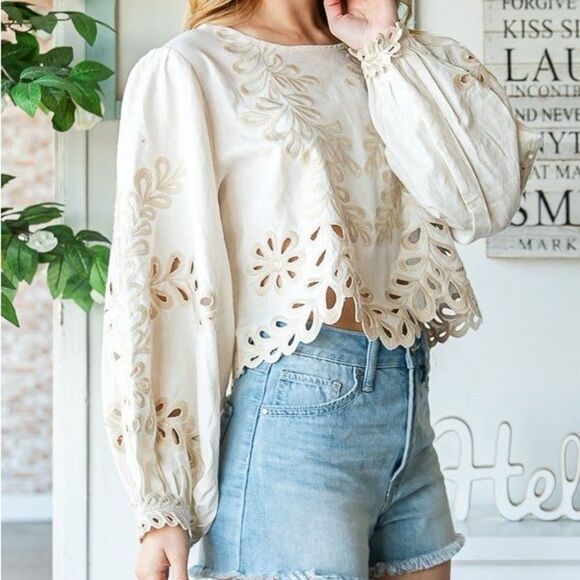 Oli and Hali Eyelet Embroidered Boxy Balloon Sleeve Linen Blend Top Size L - Picture 2 of 10